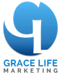the logo for grace life marketing is blue and white