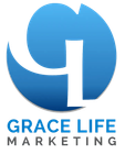the logo for grace life marketing is blue and white
