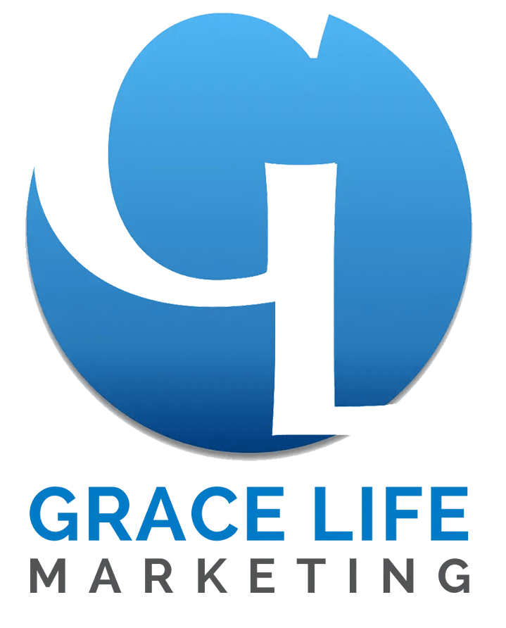 the logo for grace life marketing is blue and white