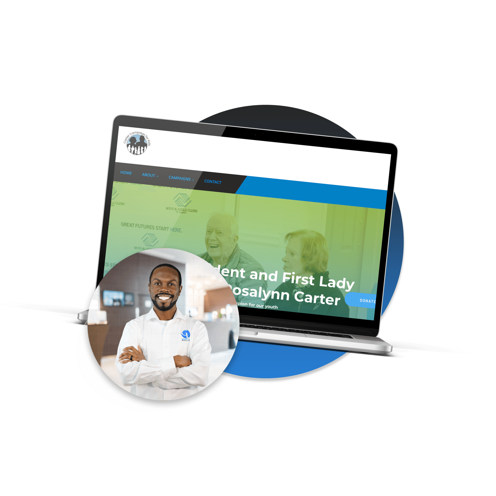 a laptop computer with a picture of a man on the screen .