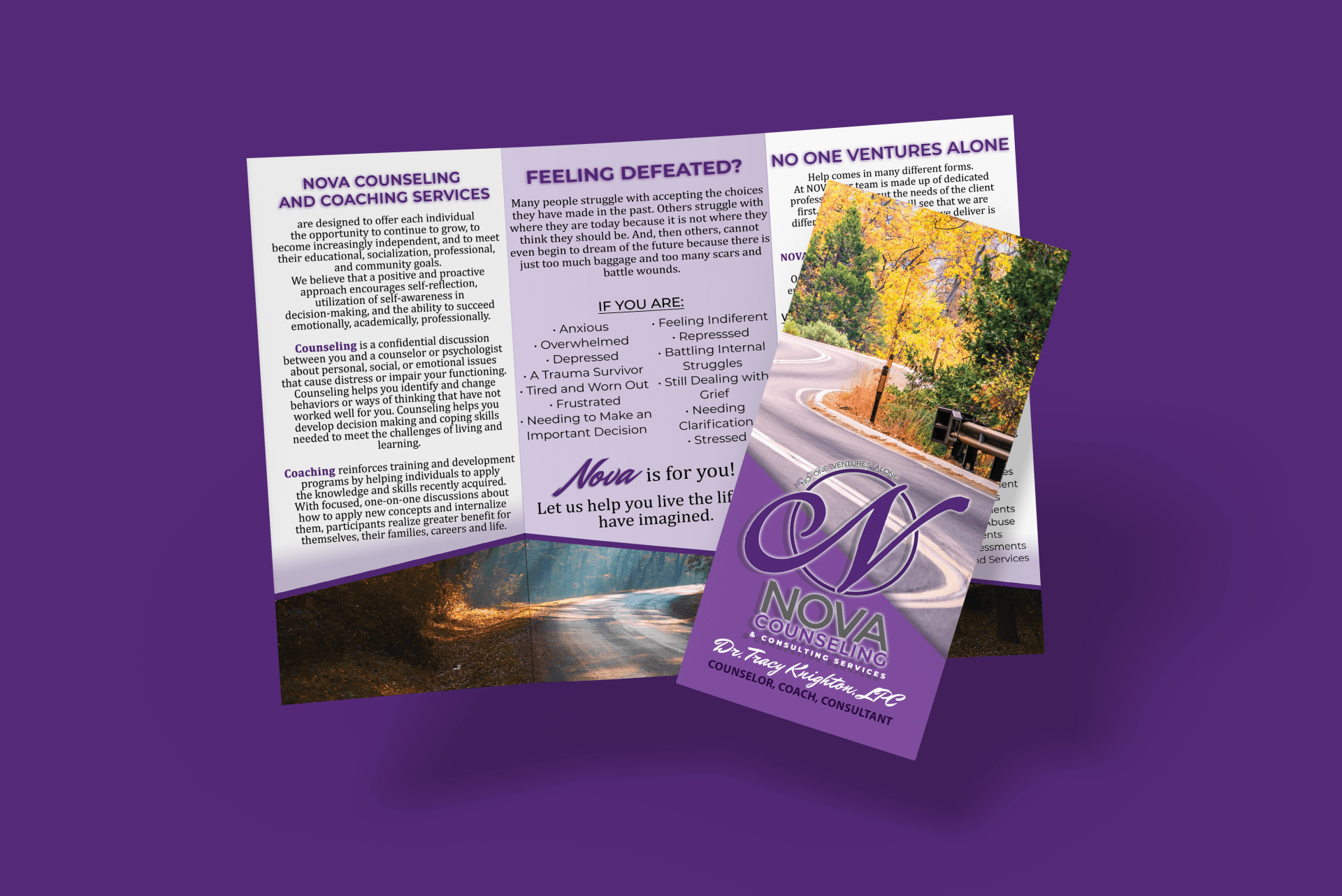 a purple brochure with a picture of a road and trees on a purple background .