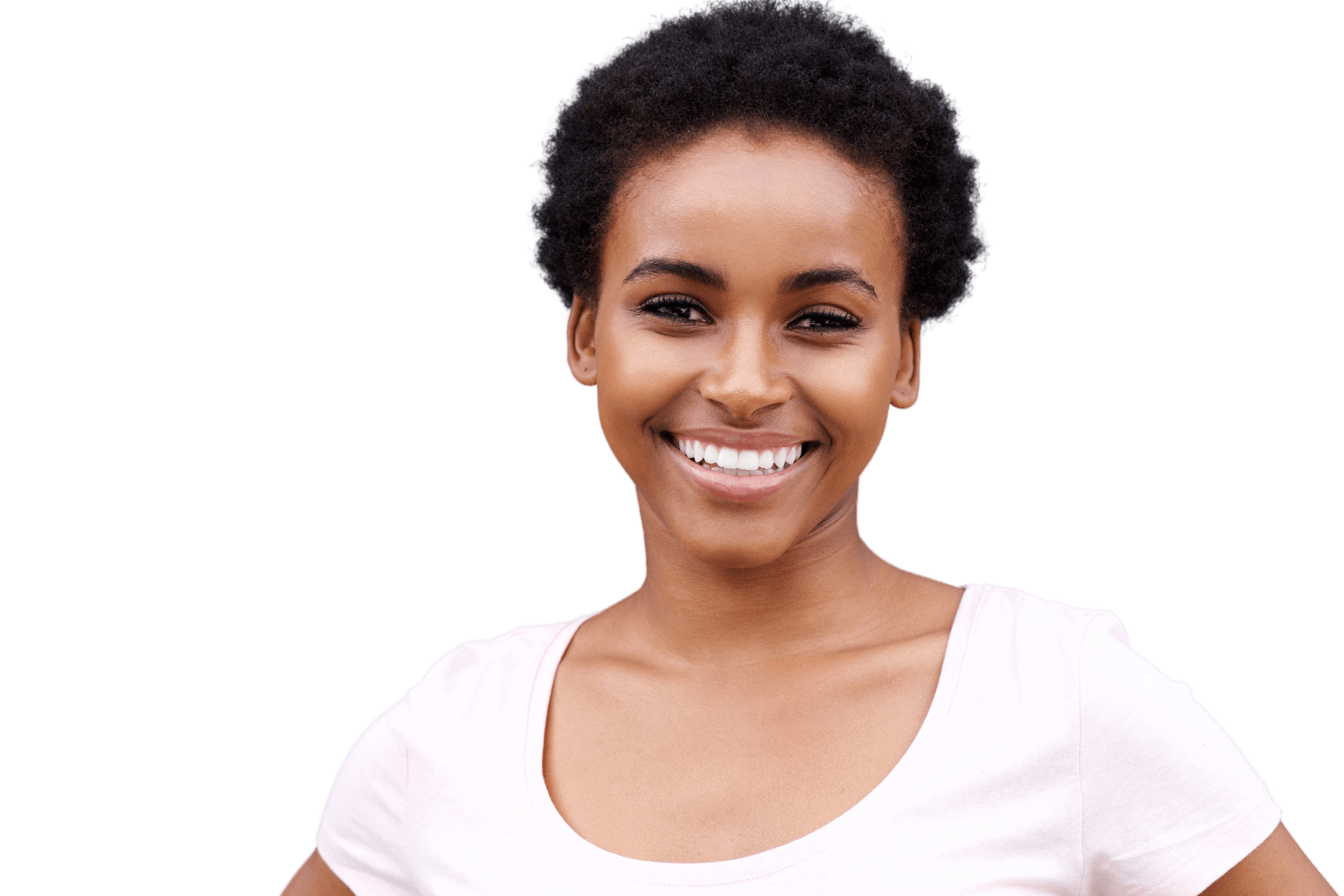 a woman with short hair is smiling and wearing a white shirt .