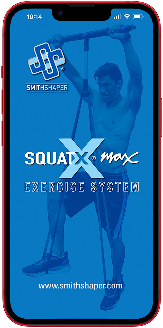 shows the entry splash screen of the SQUATX EXERCISE APP for iOS & Android Phones