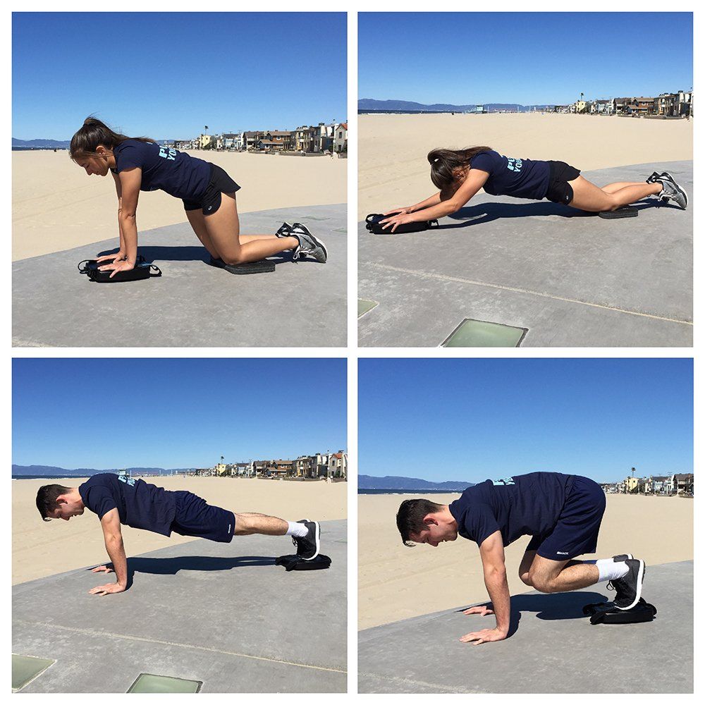 shows four images of a woman and man in the beginning and ending positions of both the SmithShaper Ab Roll-out exercise and the SmithShaper Pike Core Crusher exercise as they use a SmithShaper ASR multipurpose exerciser