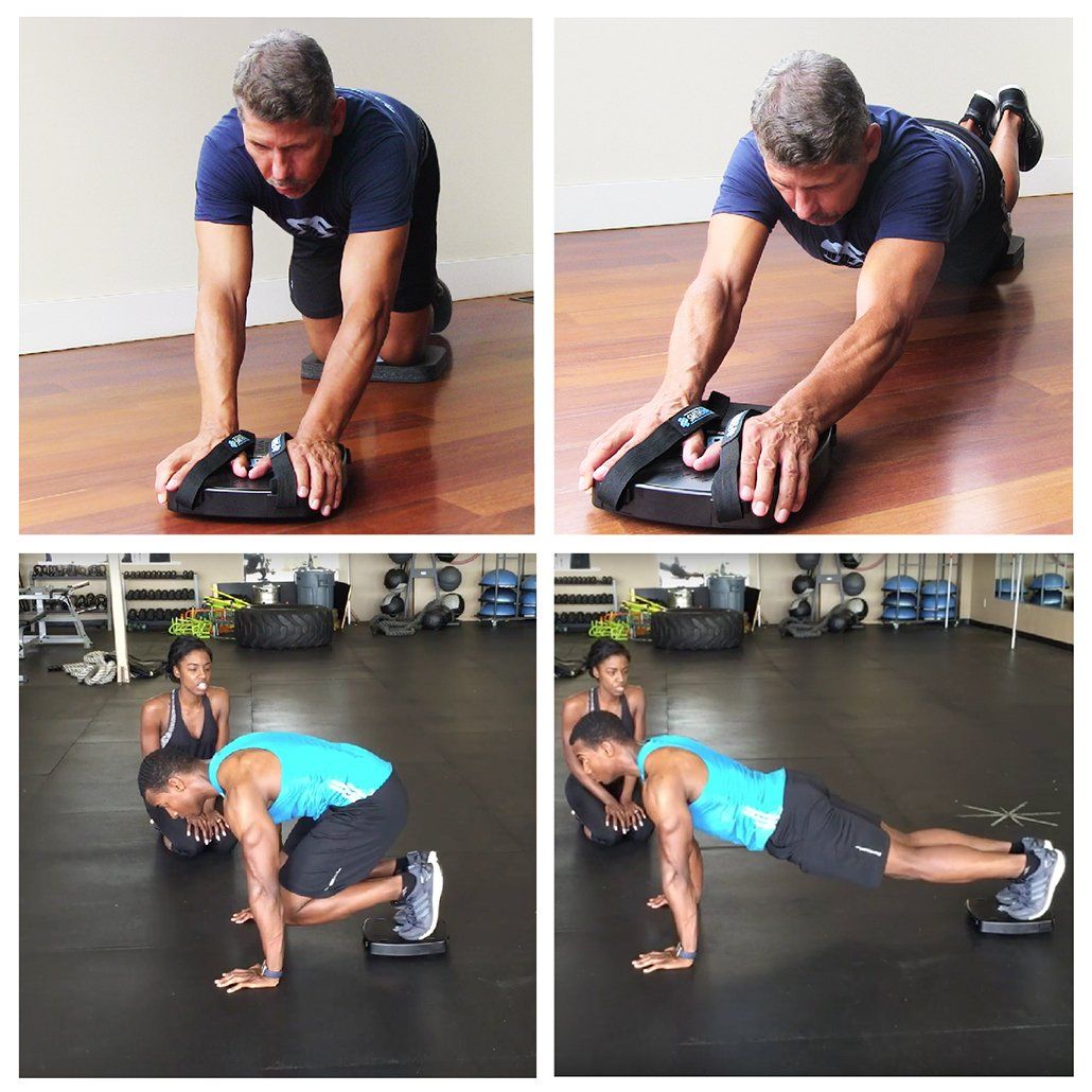 shows four images of men in the beginning and ending positions of both the SmithShaper Ab Roll exercise and the SmithShaper Core Crusher exercise as they use a SmithShaper ASR multipurpose exerciser