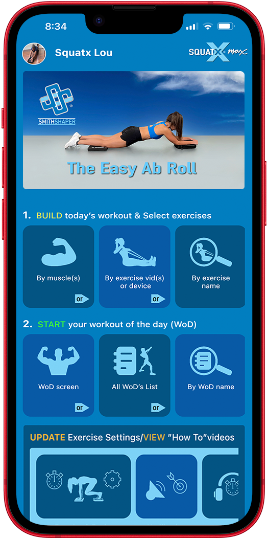 Home screen of the SQUATX Exercise App. At the top is a woman doing the easy forearm ab roll and there are app icons for building a custom workout by muscle targeting, specific exercise, or by exercise name