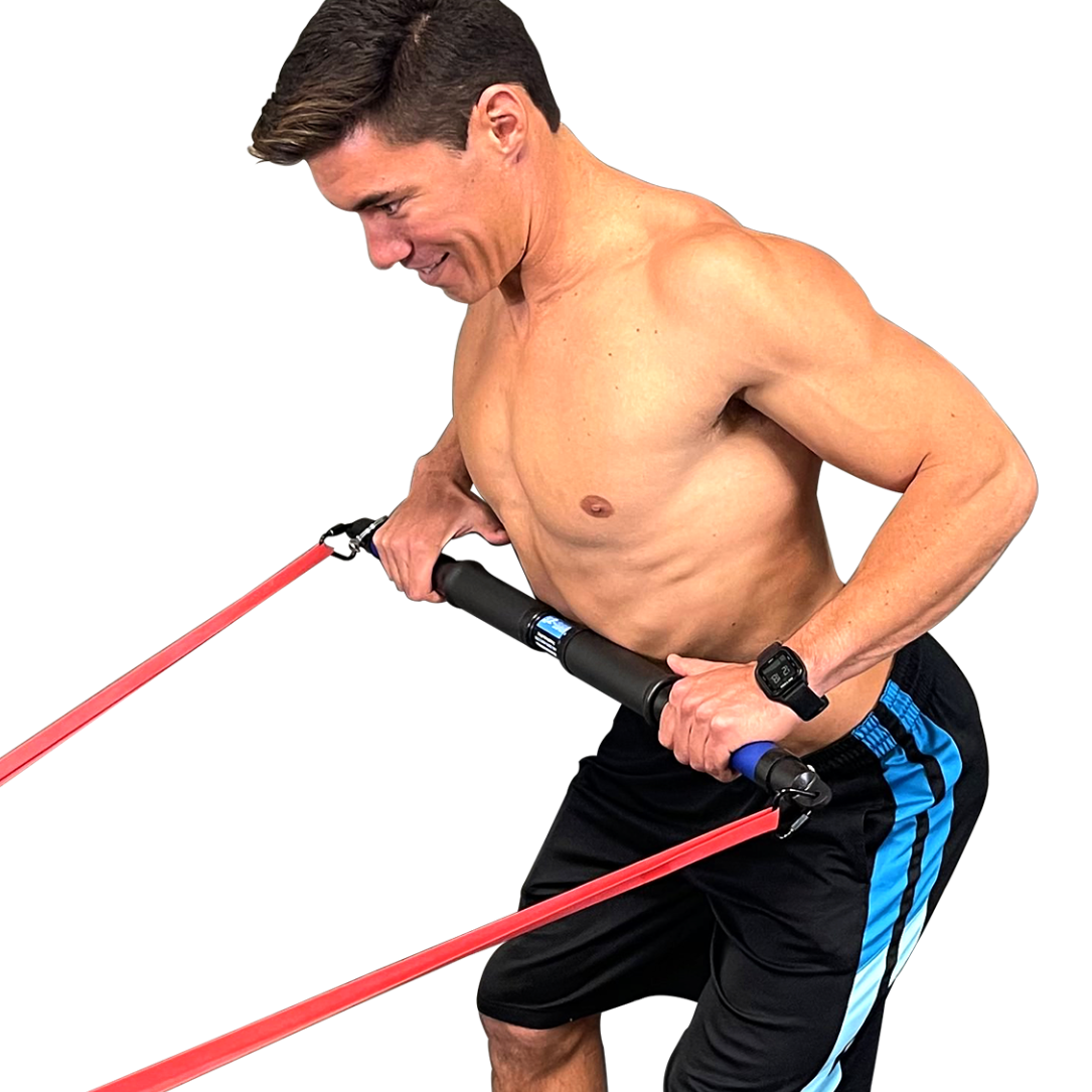 Shows a man performing the SmithShaper Band Upright Pull Up Row exercise using a SmithShaper S2 Multigrip Band Bar attached to a Zobo Sports 42-inch red High Stretch loop resistance band attached to a door anchor