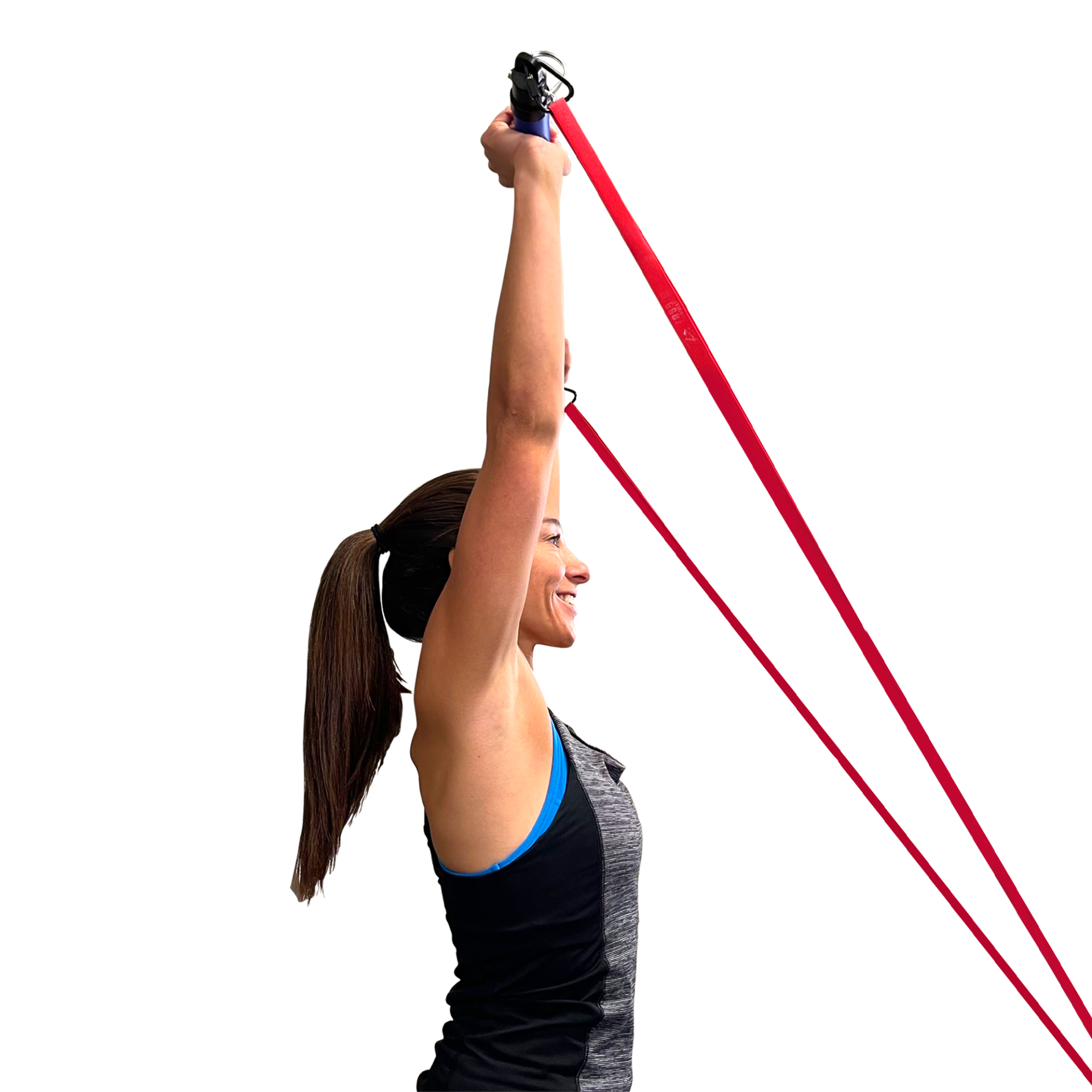 A woman is doing exercises with a SmithShaper S2-Bar attached to a red resistance loop band