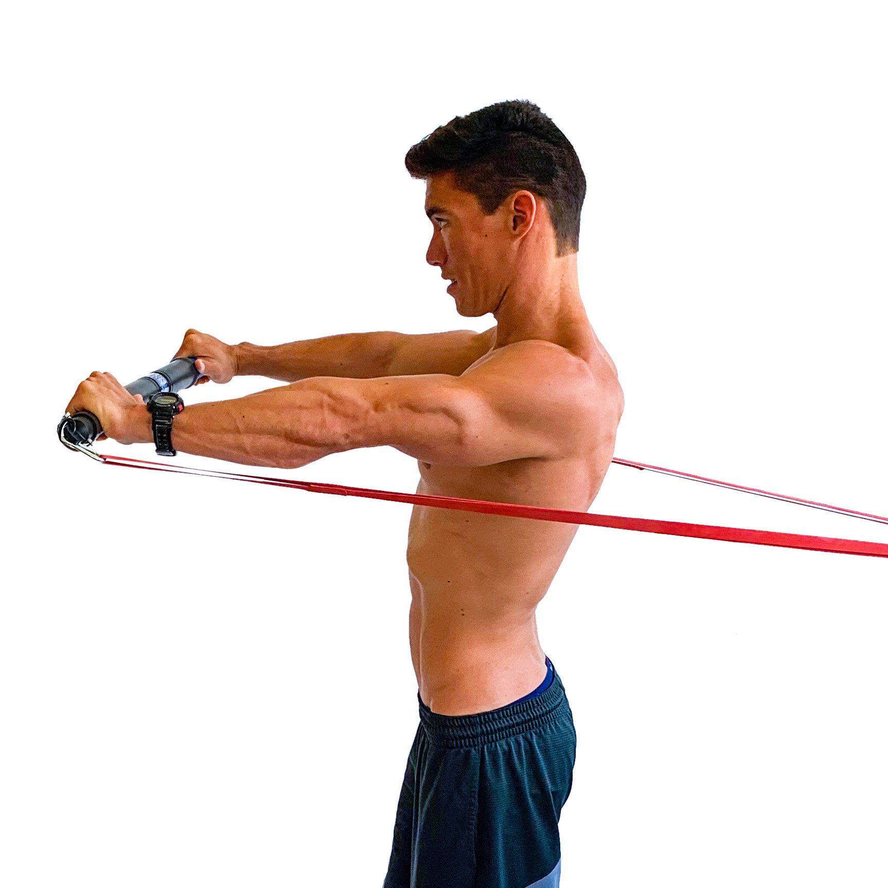 Shows a man performing the SmithShaper Band Chest Press exercise using a SmithShaper S2 Multigrip Band Bar attached to a Zobo Sports 42-inch red High Stretch loop resistance band attached to a door anchor