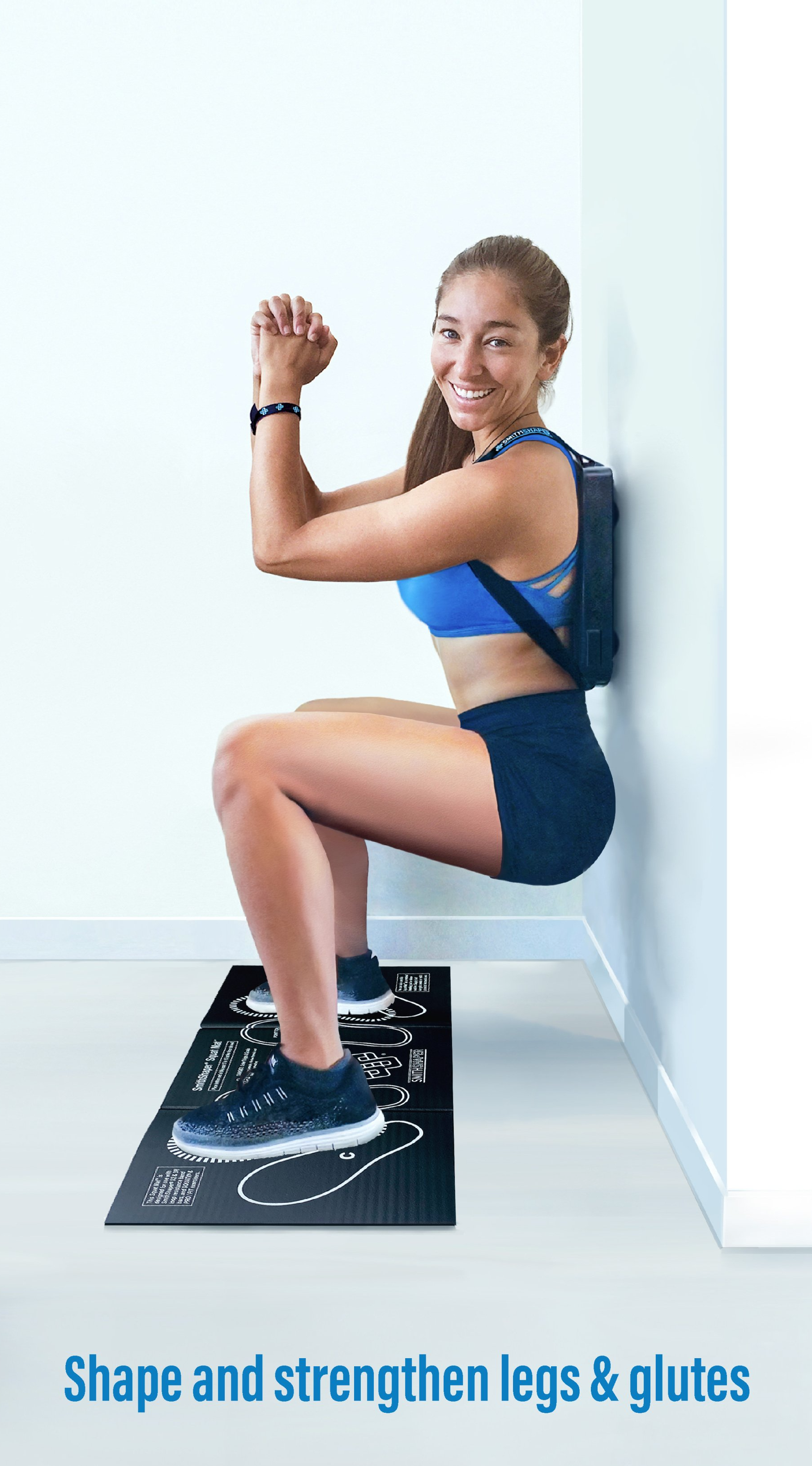 shows woman performing rolling wall squats using the wearable SmithShaper® PRO ASR for Abs, Core, Legs, Butt, Waist, Chest, Arms and Shoulders - learn Why the SmithShaper Ab Squat Rolleris one of the best home exercise equipment solutions for safe squats, ab rolls, plank walks, core crushers, and more.