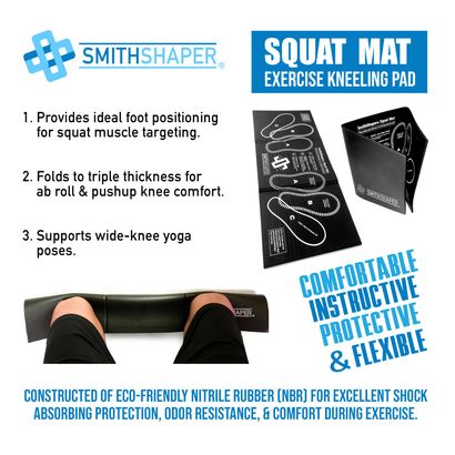 shows information about why the SmithShaper Squat Mat is ideal for leg muscle targeting, knee comfort when doing floor exercises and when performing wide knee yoga positions