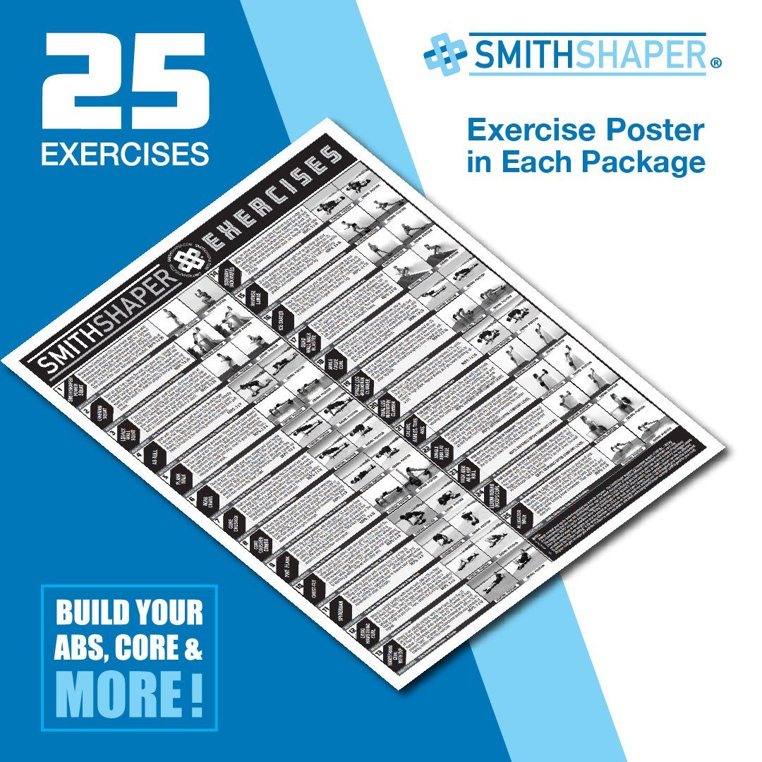 Shows the Smithshaper original exercise poster which is on the reverse side of the SmithShaper PRO and FIT ASR User guide where all 25 ASR exercises are illustrated. The motion videos for these exercises are also included in the SQUATX Exercise App