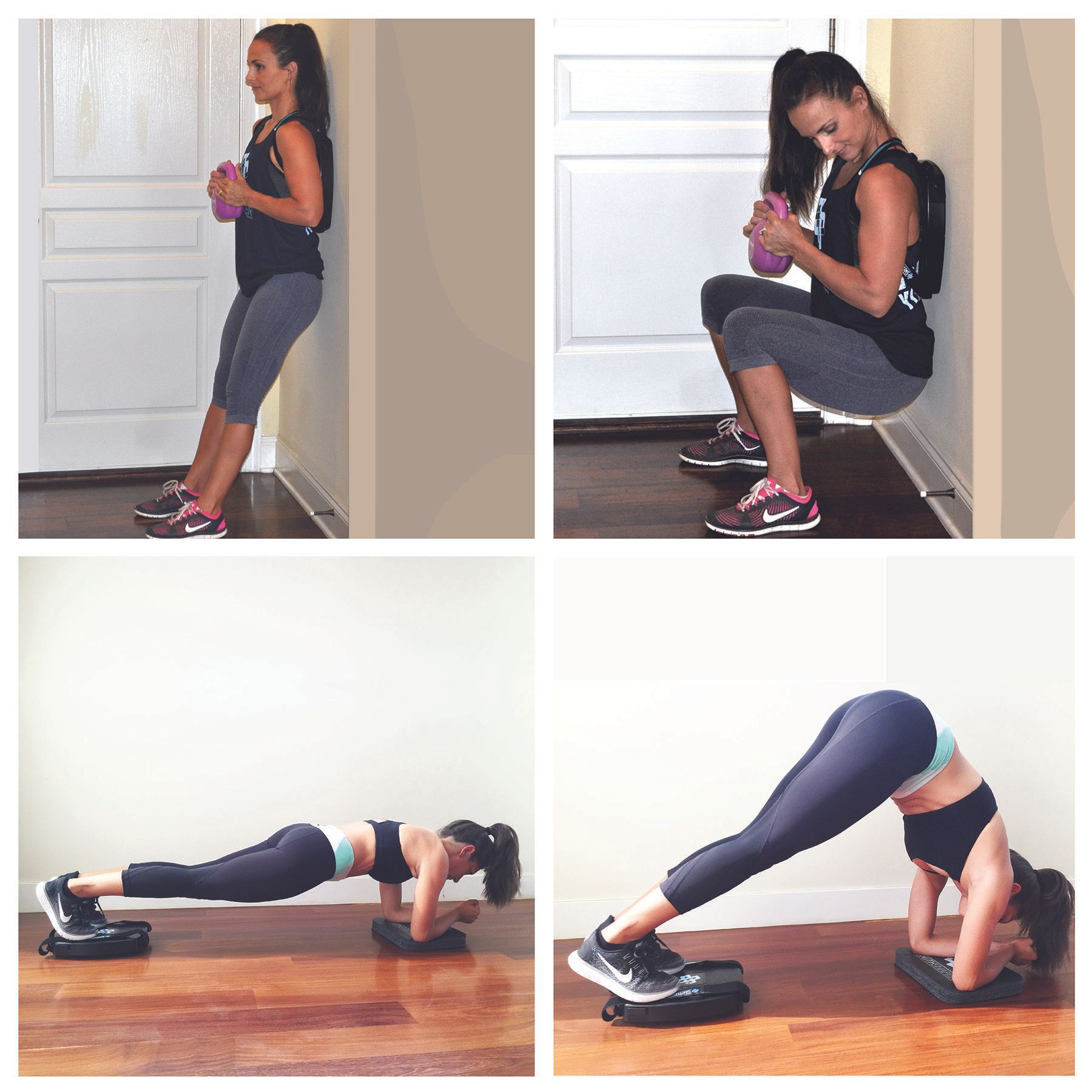 shows four images of women in the beginning and ending positions of both the SmithShaper Power Squat exercise and the SmithShaper Pike Plank Core Crusher exercise as they use a SmithShaper FIT ASR multipurpose exerciser that supports 25 exercises