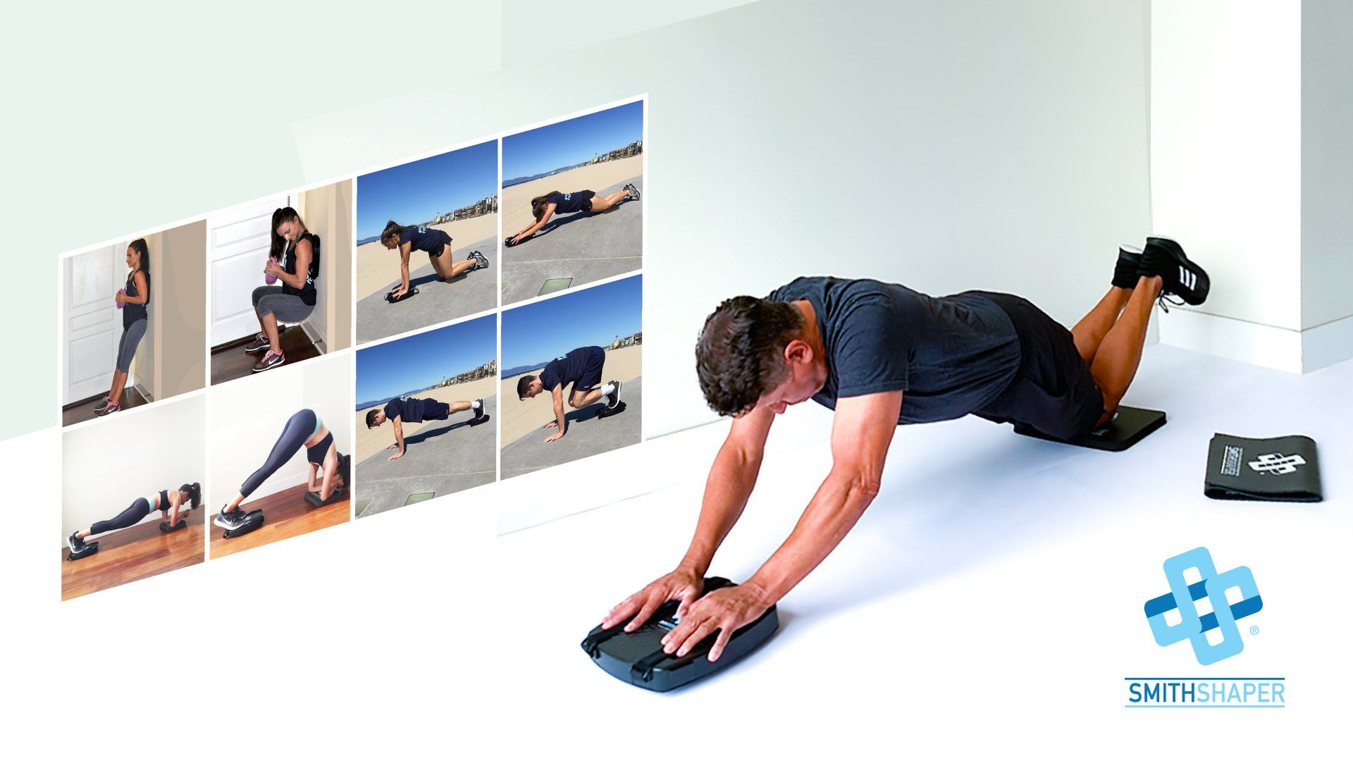 shows a man performing the SmithShaper Ab Roll exercise on a PRO ASR exerciser with his knees resting on a SmithShaper kneeling pad