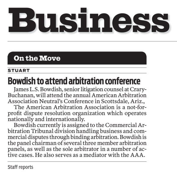 Business news - Bowdish to attend arbitration conference