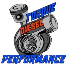 Logo of Torque Diesel Performance featuring a turbocharger and piston in gray, black, and blue.