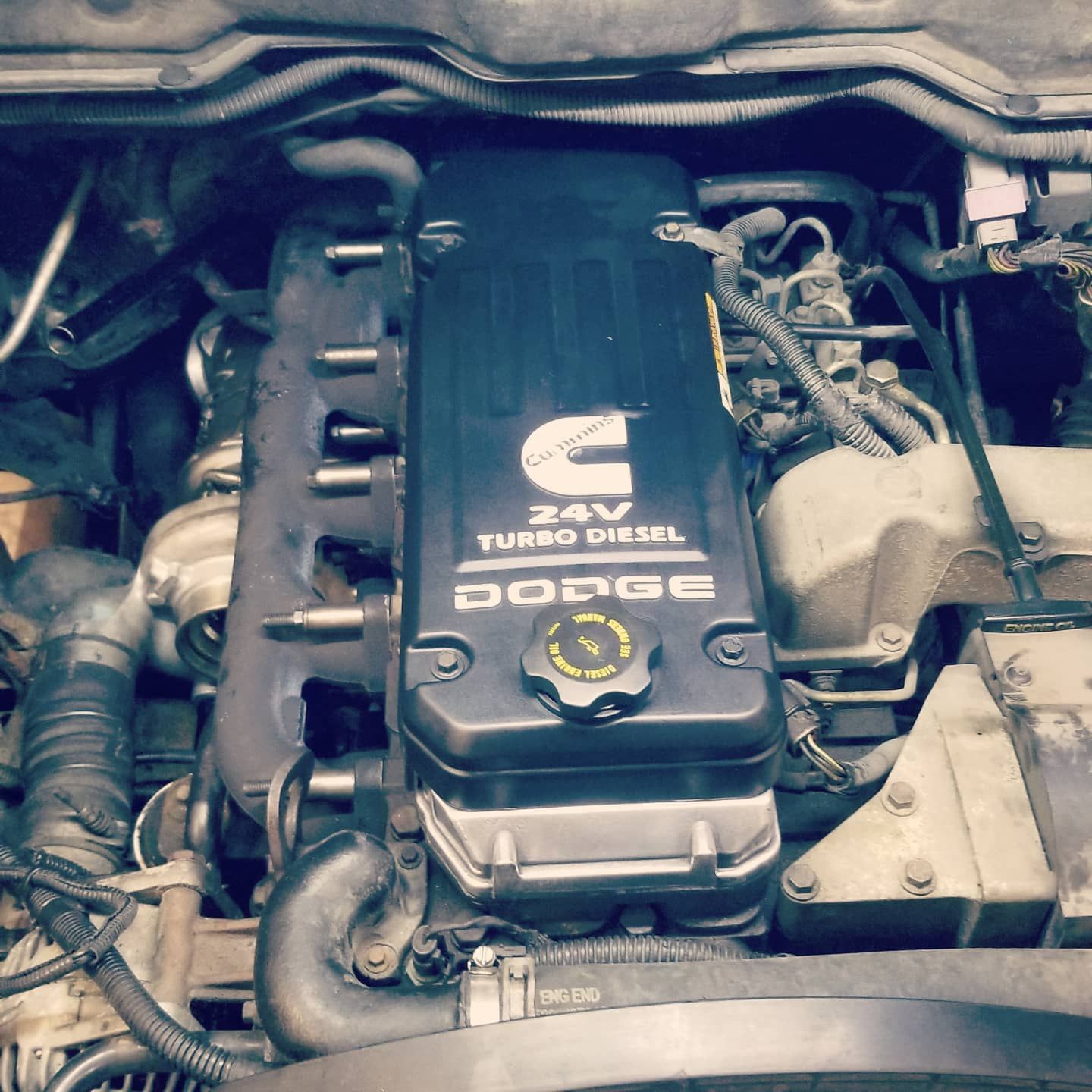 Black Cummins 24V Turbo Diesel engine in a Dodge truck.