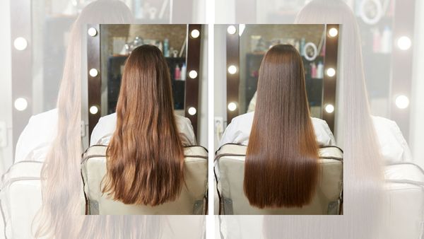 A before and after photo of a woman 's hair in a salon.