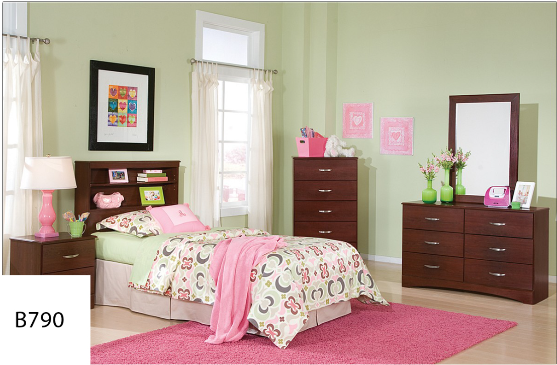 A bedroom with a bed dresser mirror and nightstand