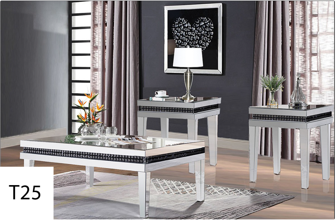 A living room with a coffee table and two end tables.