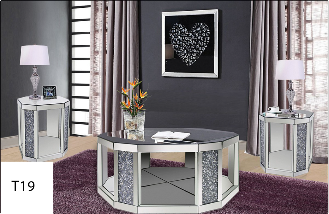 A living room with a coffee table and two end tables