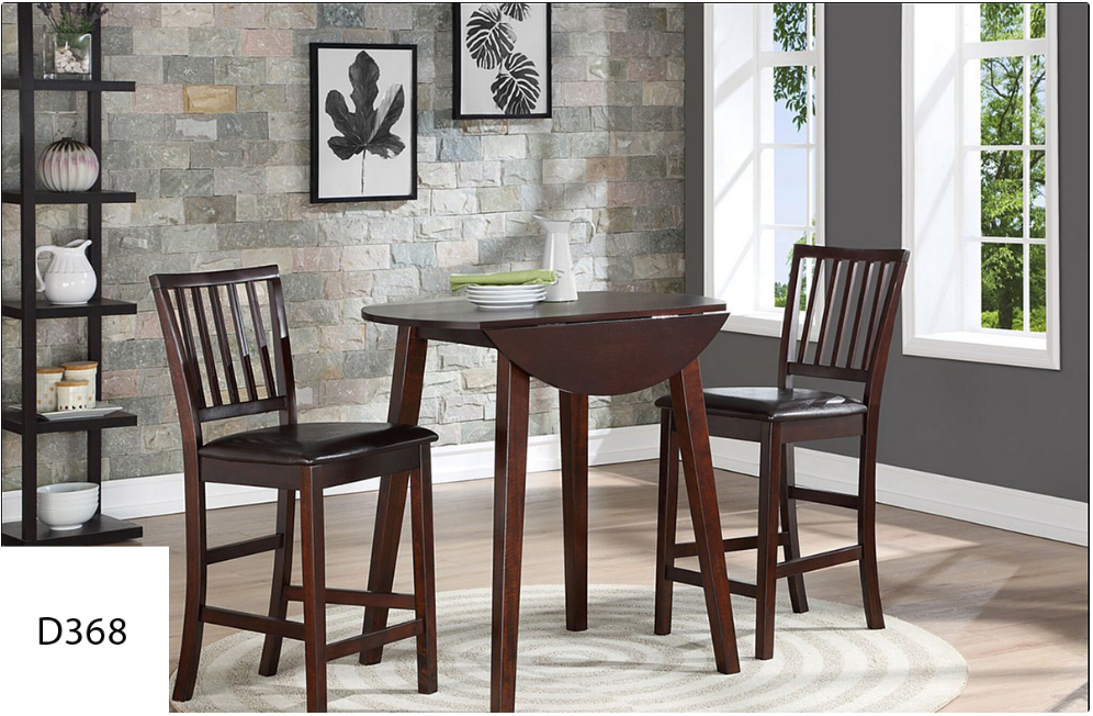 A dining room with a table and two chairs