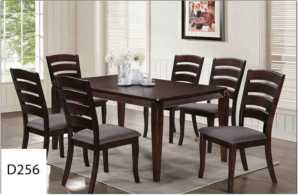 A dining room table with six chairs and a picture on the wall.