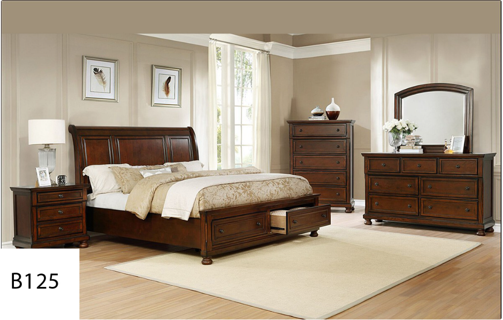 A bedroom with a bed , dresser , nightstand , mirror and rug.