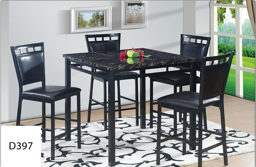 A dining room set with a black table and black chairs