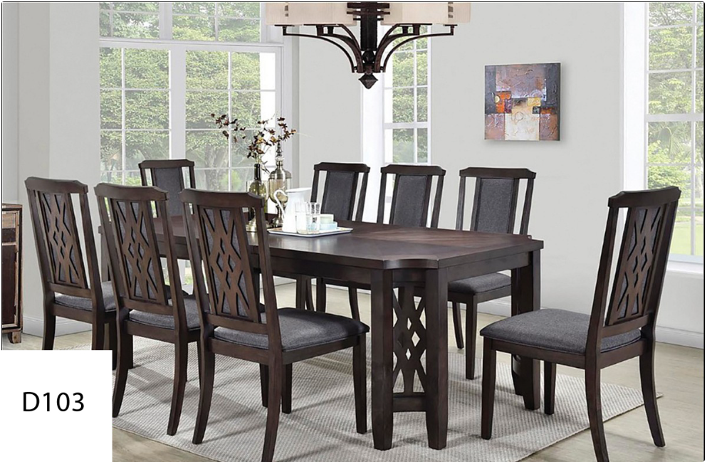 A dining room with a table and chairs and a chandelier.