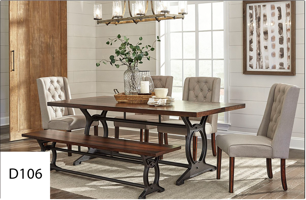 A dining room with a table and chairs and a bench.