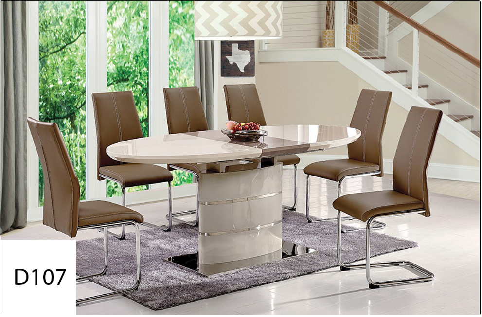 A dining room with a table and chairs and the number d107 on the bottom