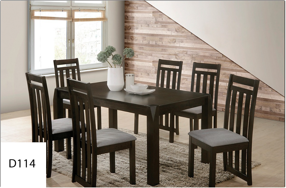 A dining room with a table and chairs and the number d114 on the bottom