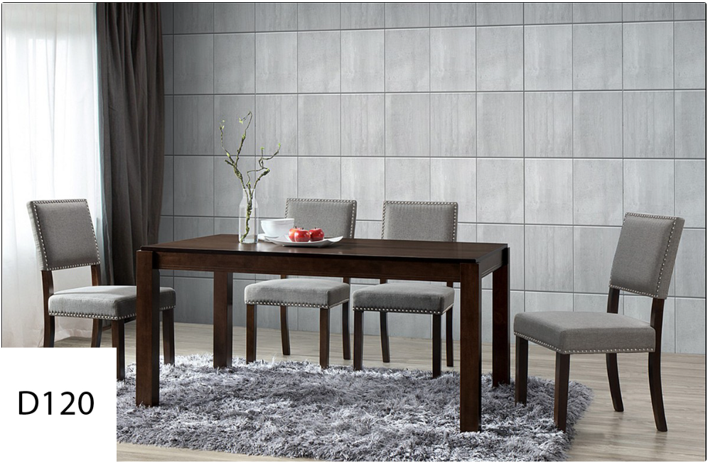 A dining room with a table and chairs and a rug