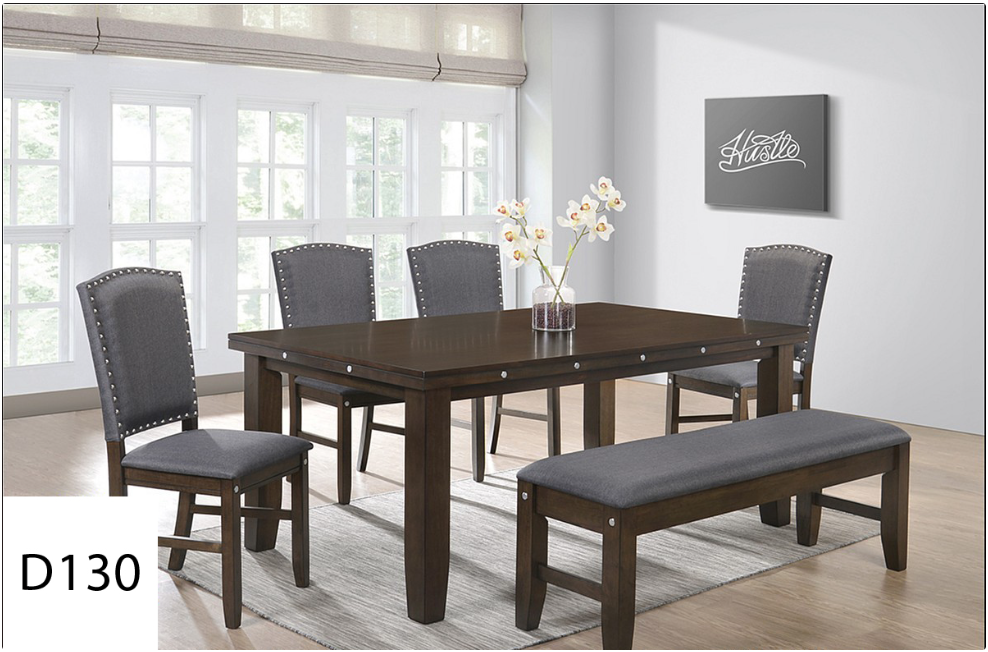 A dining room set with a table and chairs and a bench