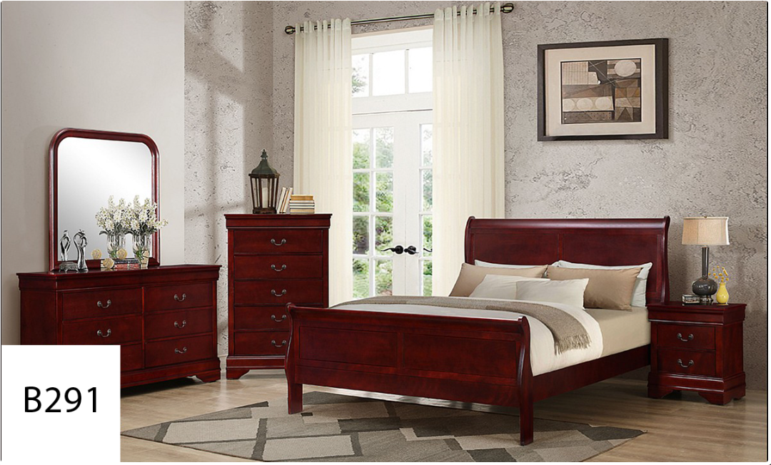 A bedroom with a bed dresser mirror and nightstand