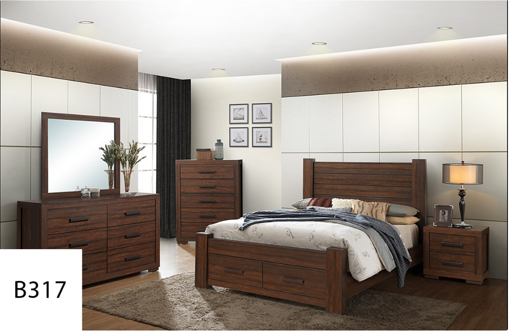 A bedroom with a bed dresser mirror and nightstand