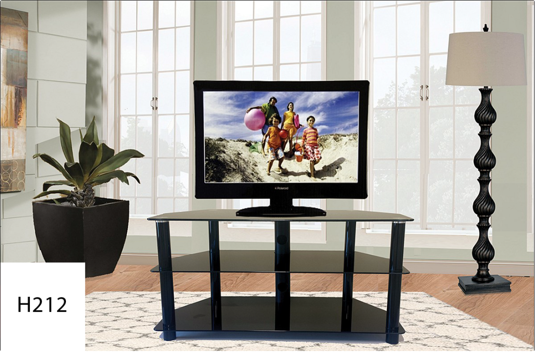 A living room with a tv on a stand and a lamp