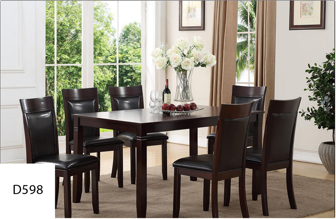 A dining room with a table and chairs and a vase of flowers