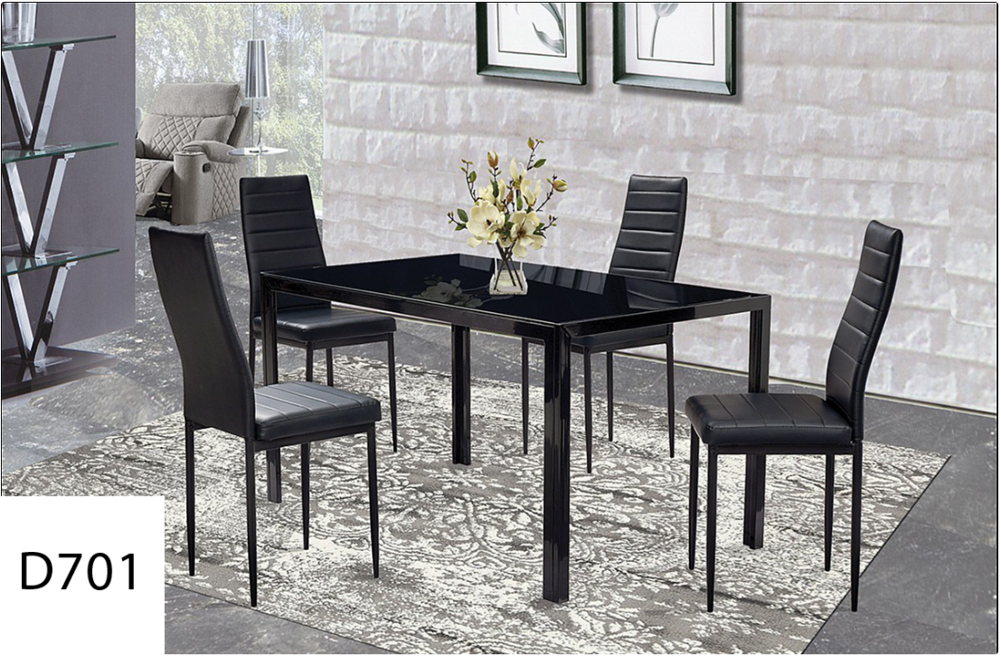 A dining room table and chairs with a vase of flowers on it.