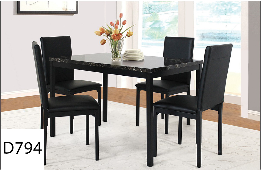 A black marble dining table with four black chairs