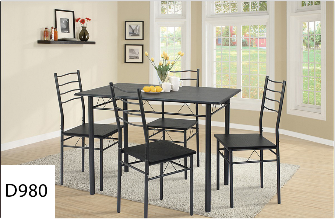 A dining room with a table and four chairs