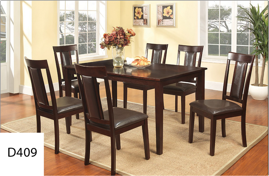 A dining room with a table and chairs with the number d409 on the bottom