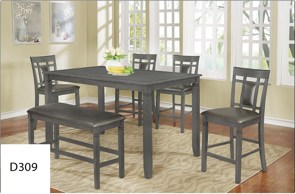 A dining room set with a table , chairs , and a bench.
