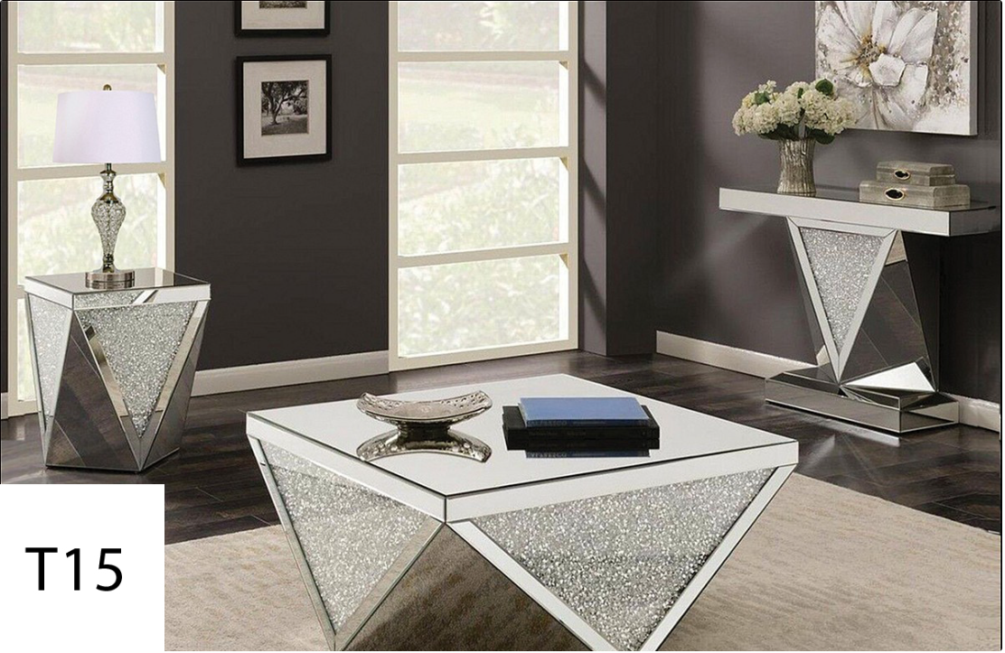 A living room with a coffee table and two end tables