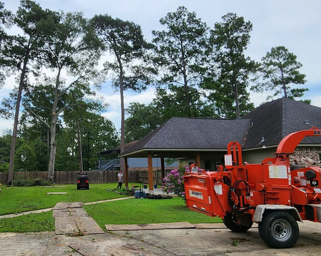 Wood chipper on a clients lawn preparing to remove debris after a successful tree removal in Silsbee, TX