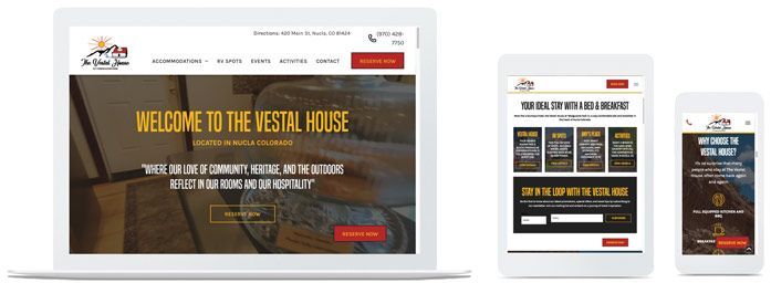 A laptop , tablet , and cell phone displaying a B&B website built by Ayni Media on Duda