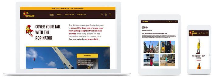 A laptop , tablet , and cell phone displaying the Ropinator Duda website built by Ayni Media
