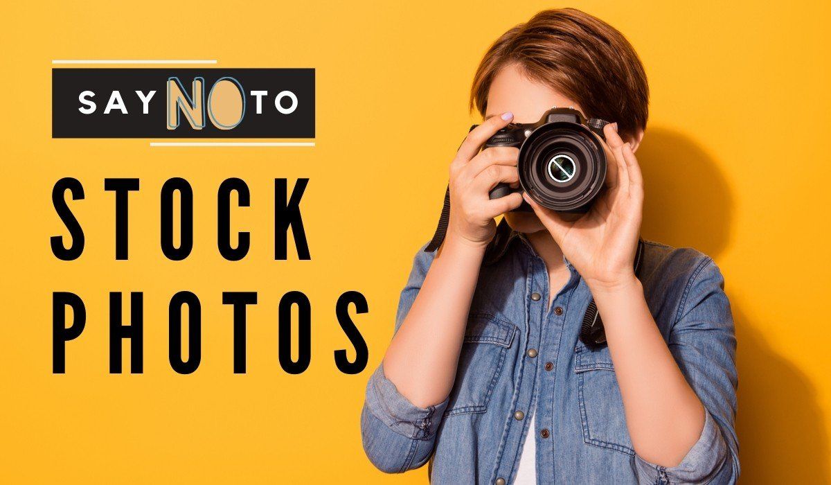 woman holding a camera with a sign that says no to stock photos