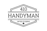 Logo for 410 Handyman: black and white text on a shield, 